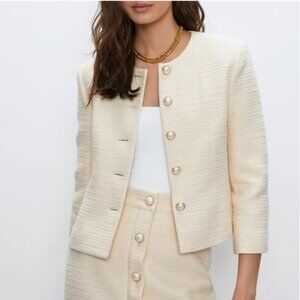NWT BABATON Little Tweed Jacket Blazer Pearl Button Cream Giselle 4 Aritzia